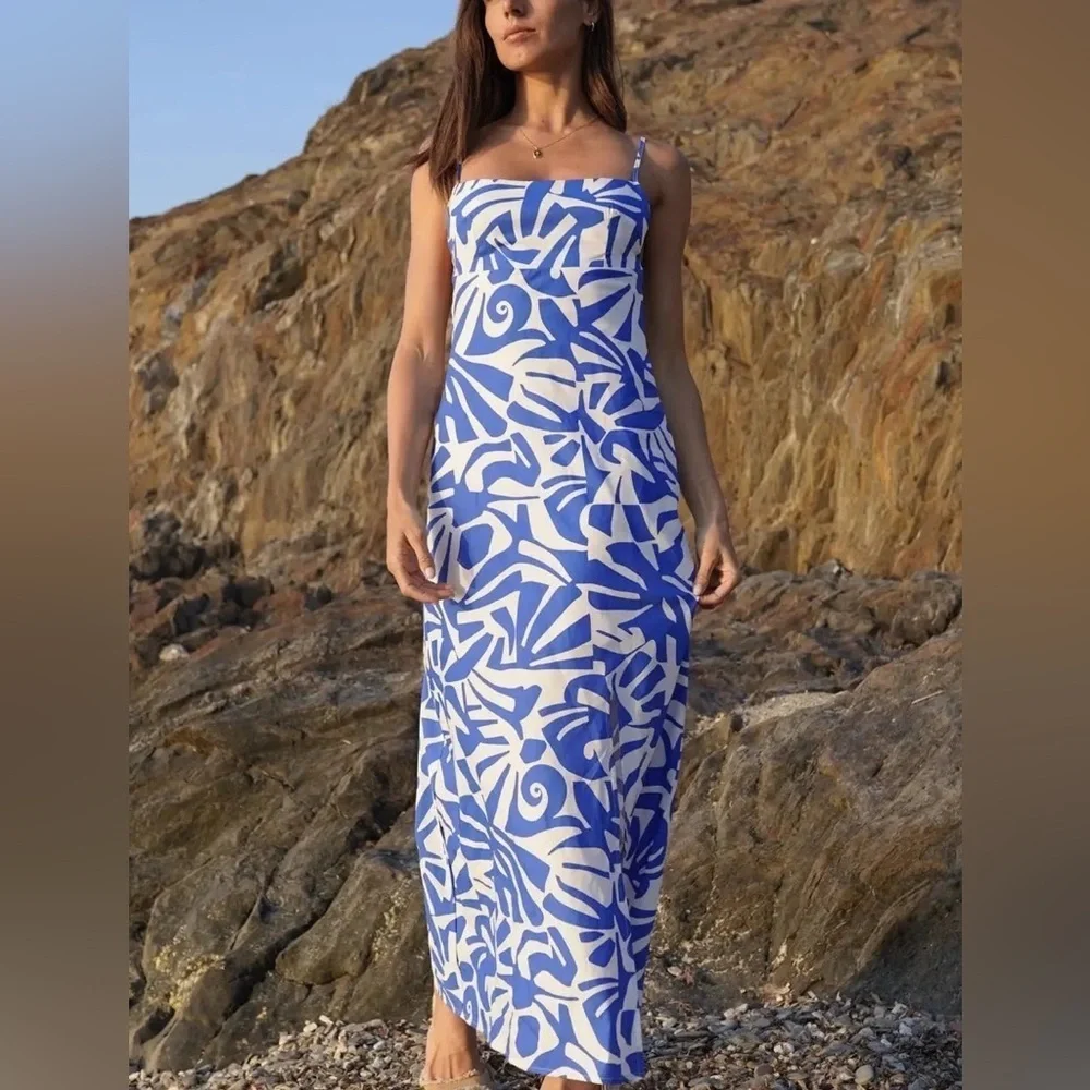 GOA Paris Blue and White Ikat Print  Maxi Dress Cotton Excellent Size M - Picture 2 of 10